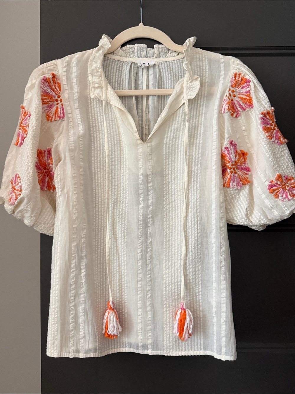 THML Cream Textured Peasant Tunic with Pink & Orange Embroidery